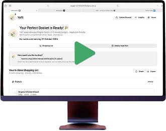 Yoffi application interface on desktop showing meal planning and grocery basket features